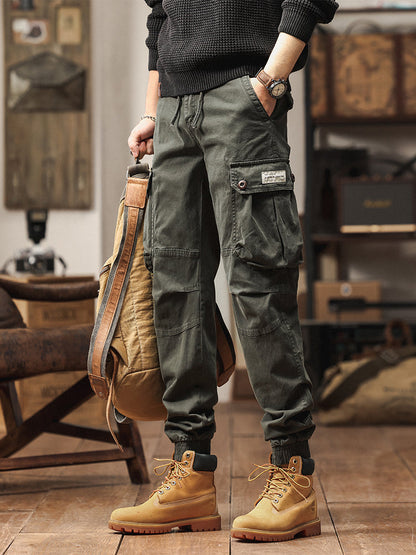 Pantaloni cargo jogger da uomo in stile vintage con tasche multiple e bottoni