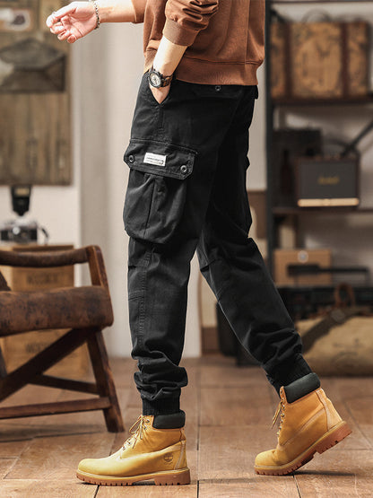 Pantaloni cargo jogger da uomo in stile vintage con tasche multiple e bottoni