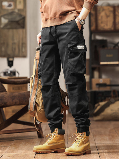 Pantaloni cargo jogger da uomo in stile vintage con tasche multiple e bottoni