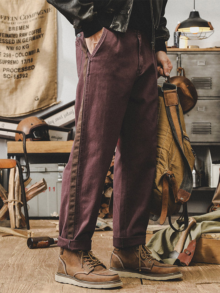 Pantalones casuales de estilo vintage para hombre, 100% algodón, con bandas laterales en contraste
