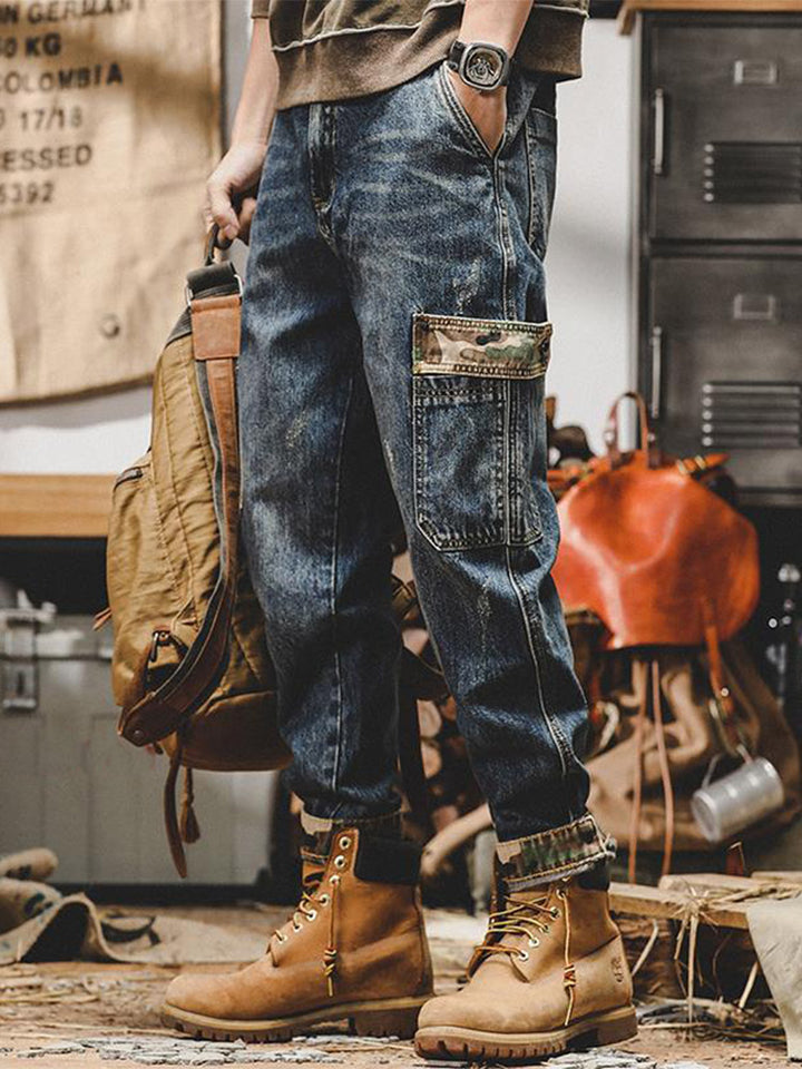 Vaqueros cargo vintage para hombre con bolsillos de camuflaje y corte holgado