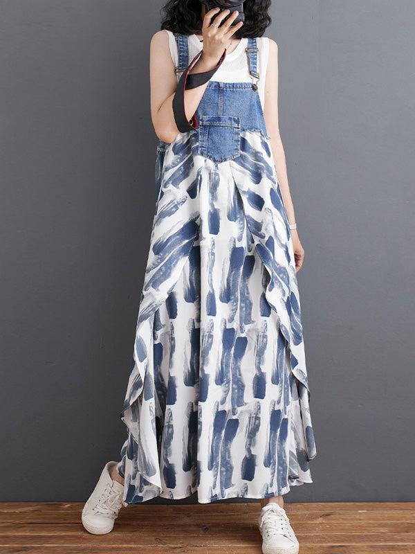 Vestido largo de mezclilla con estampado de acuarela y patchwork