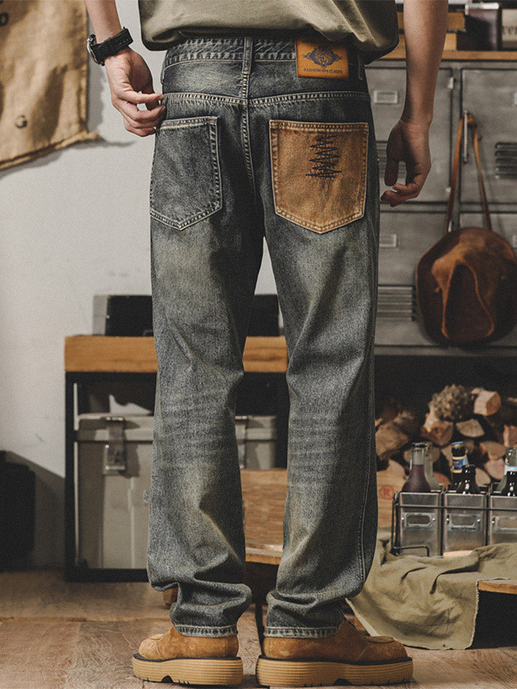 Herren Vintage Jeans, gerader Schnitt, Washed Denim Hose