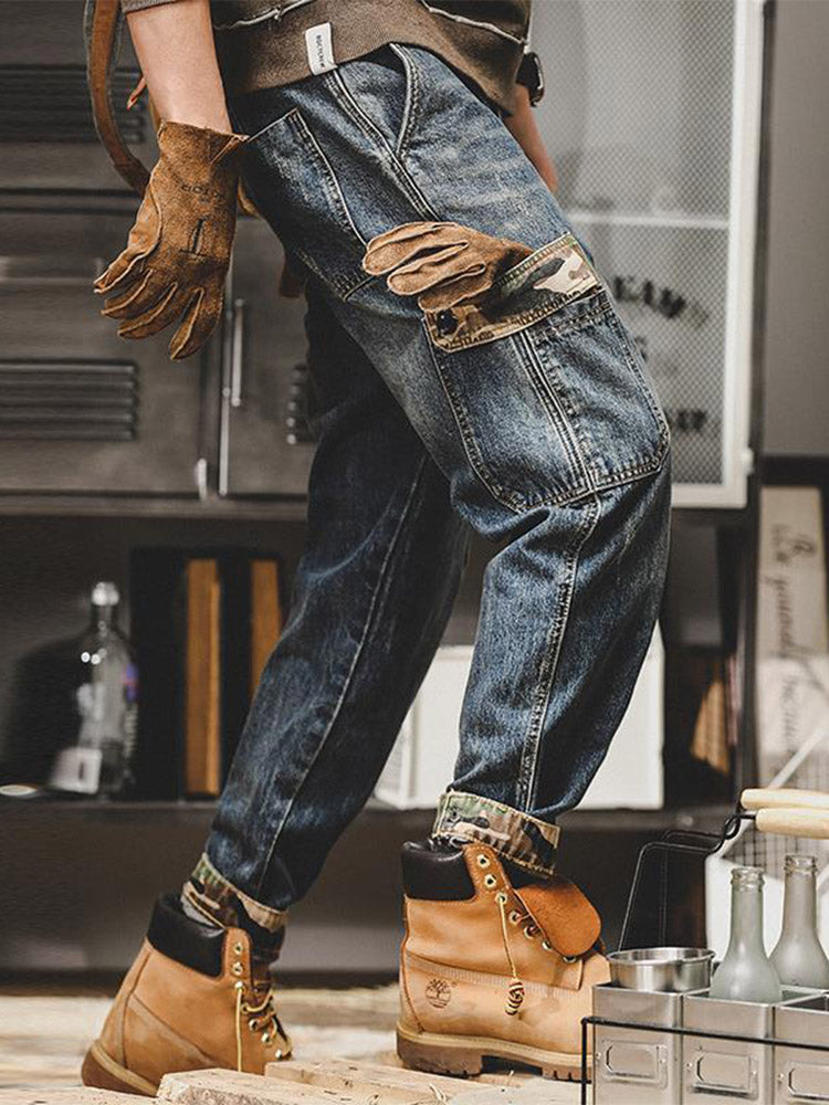 Vaqueros cargo vintage para hombre con bolsillos de camuflaje y corte holgado