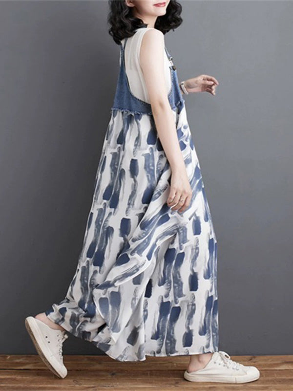 Vestido largo de mezclilla con estampado de acuarela y patchwork