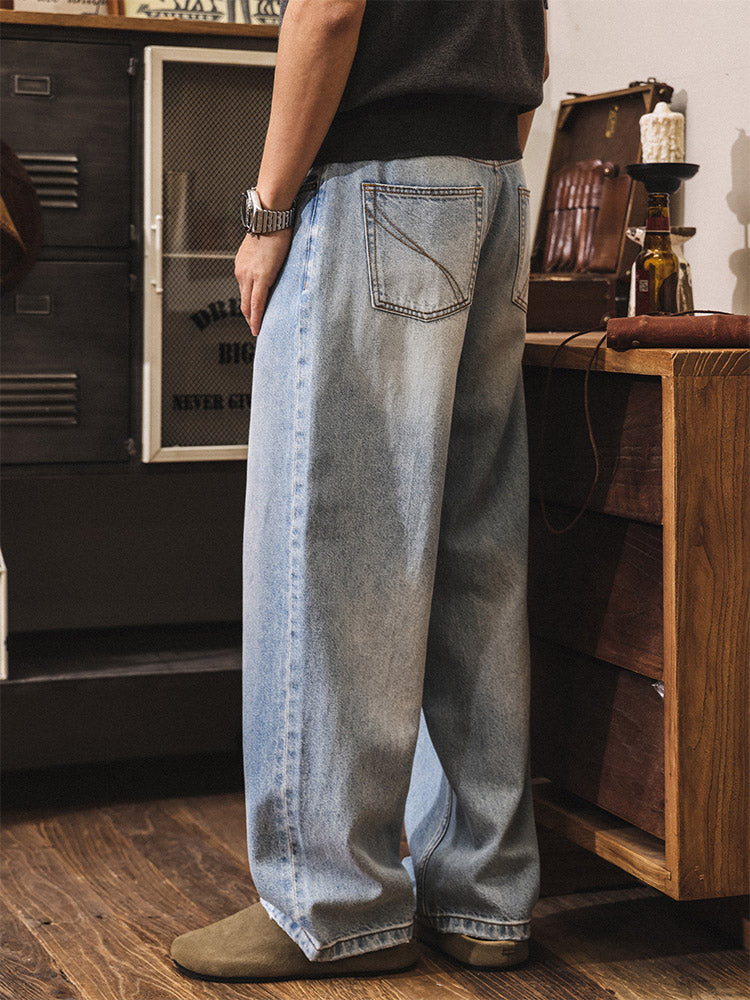 Herren 100% Baumwolle Vintage Wide Leg Jeans, Leicht Gewaschene Denim Hose