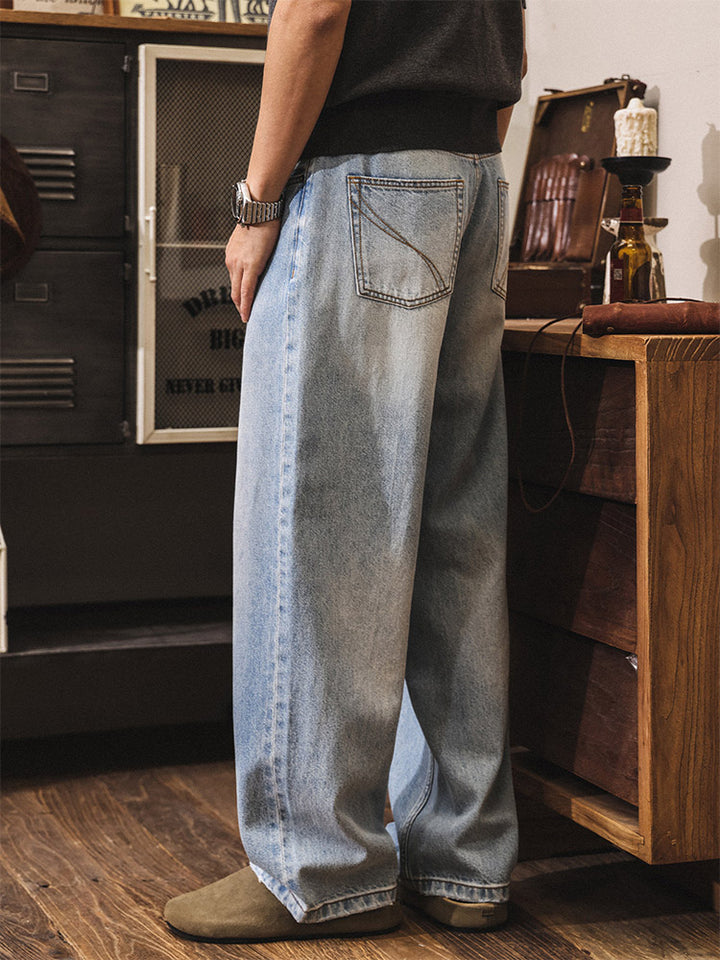 Herren 100% Baumwolle Vintage Wide Leg Jeans, Leicht Gewaschene Denim Hose