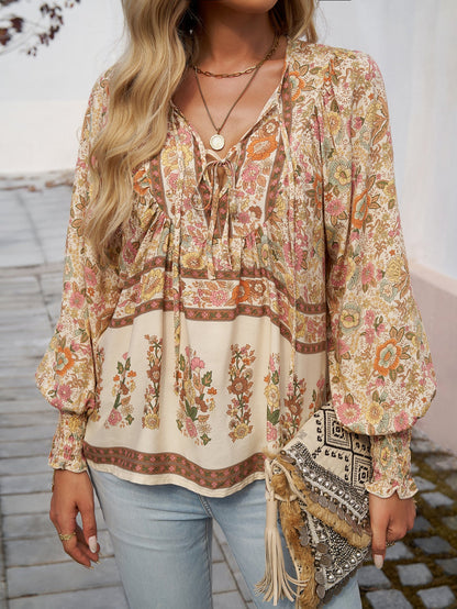 Boho Floral Print Tie-Neck Blouse