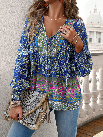 Boho Floral Print Tie-Neck Blouse