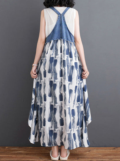 Abito salopette lungo in denim patchwork con stampa acquerello