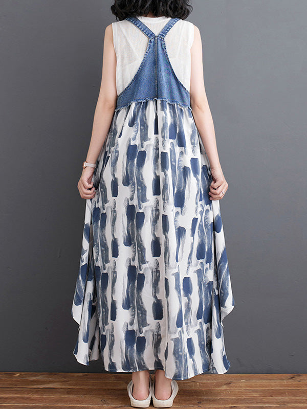 Vestido largo de mezclilla con estampado de acuarela y patchwork