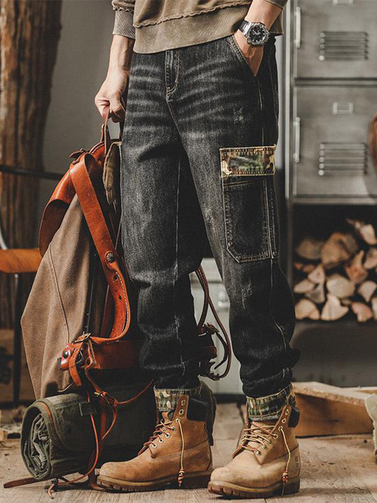 Vaqueros cargo vintage para hombre con bolsillos de camuflaje y corte holgado