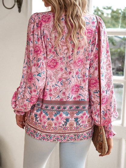 Boho Floral Print Tie-Neck Blouse