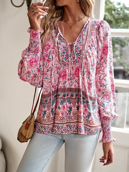 Boho Floral Print Tie-Neck Blouse