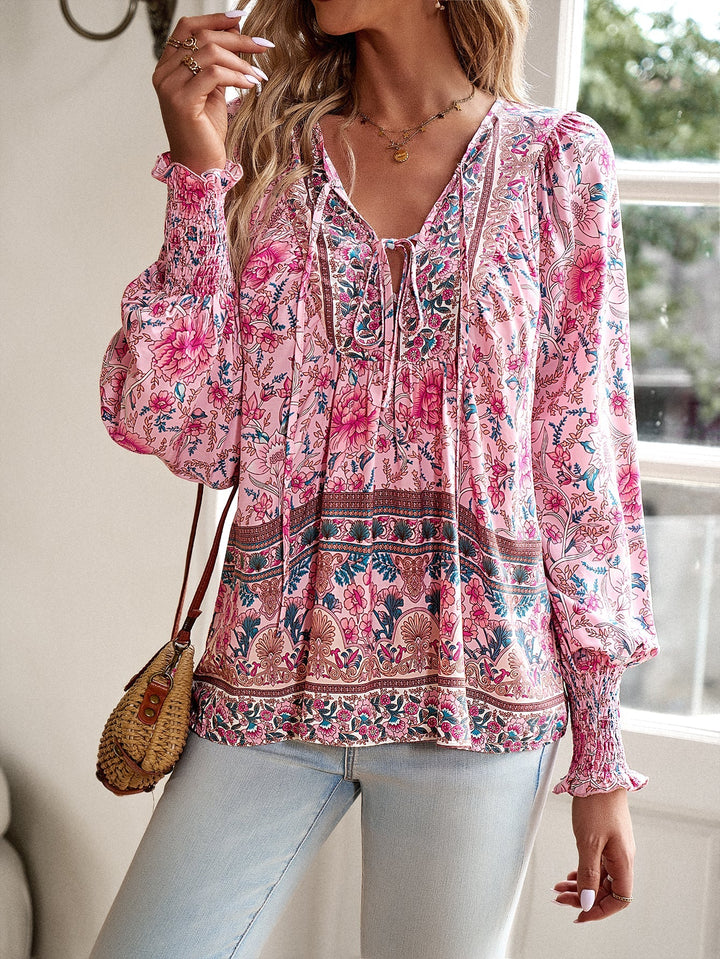 Blusa da donna con stampa floreale boho e nodo al collo