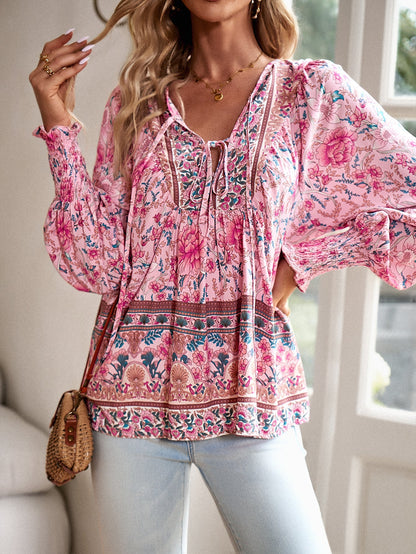 Boho Floral Print Tie-Neck Blouse