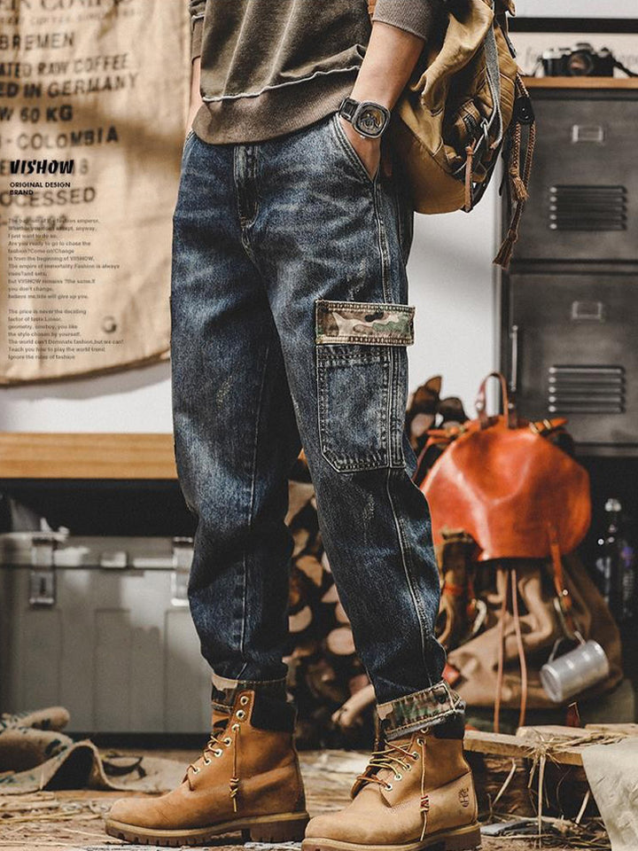 Vaqueros cargo vintage para hombre con bolsillos de camuflaje y corte holgado