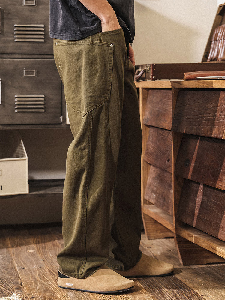 Pantalones de hombre de corte ancho (wide-leg) en algodón, estilo workwear retro