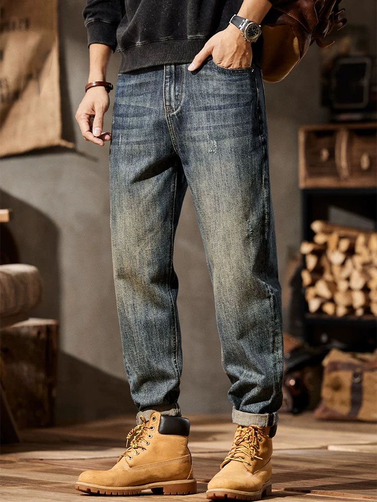 Pantalones vaqueros de hombre estilo retro con corte abullonado y múltiples bolsillos