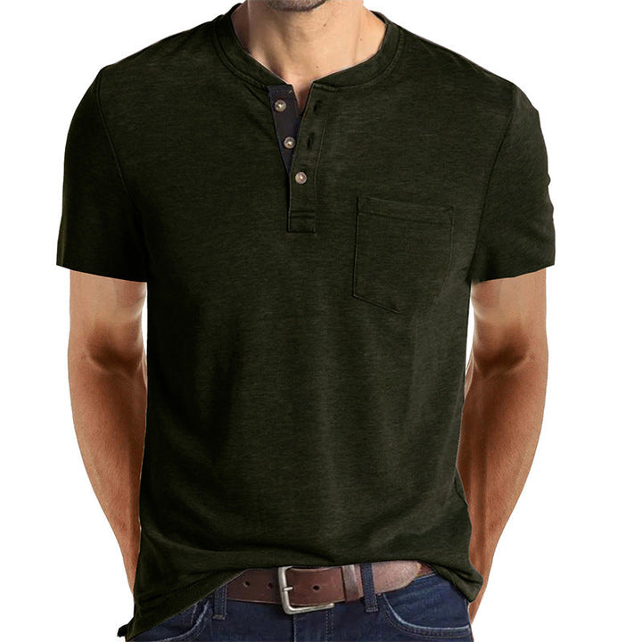 Camiseta Henley Casual de Manga Corta con Bolsillo para Hombre