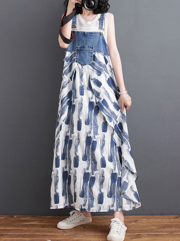 Vestido largo de mezclilla con estampado de acuarela y patchwork