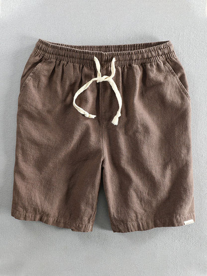 Pantalones cortos casuales de ramio y algodón con cordón para hombre