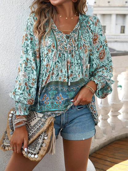 Boho Floral Print Tie-Neck Blouse