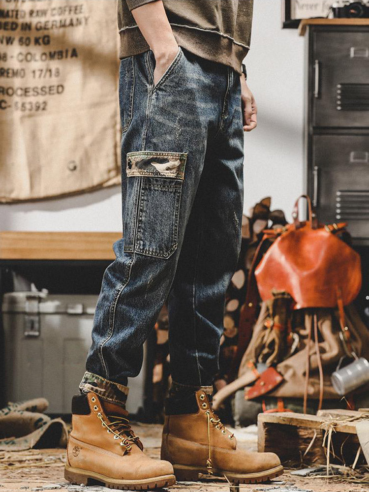 Vaqueros cargo vintage para hombre con bolsillos de camuflaje y corte holgado
