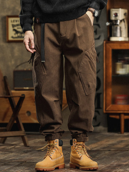 Pantaloni cargo casual da uomo in velluto a coste con cinturino decorativo