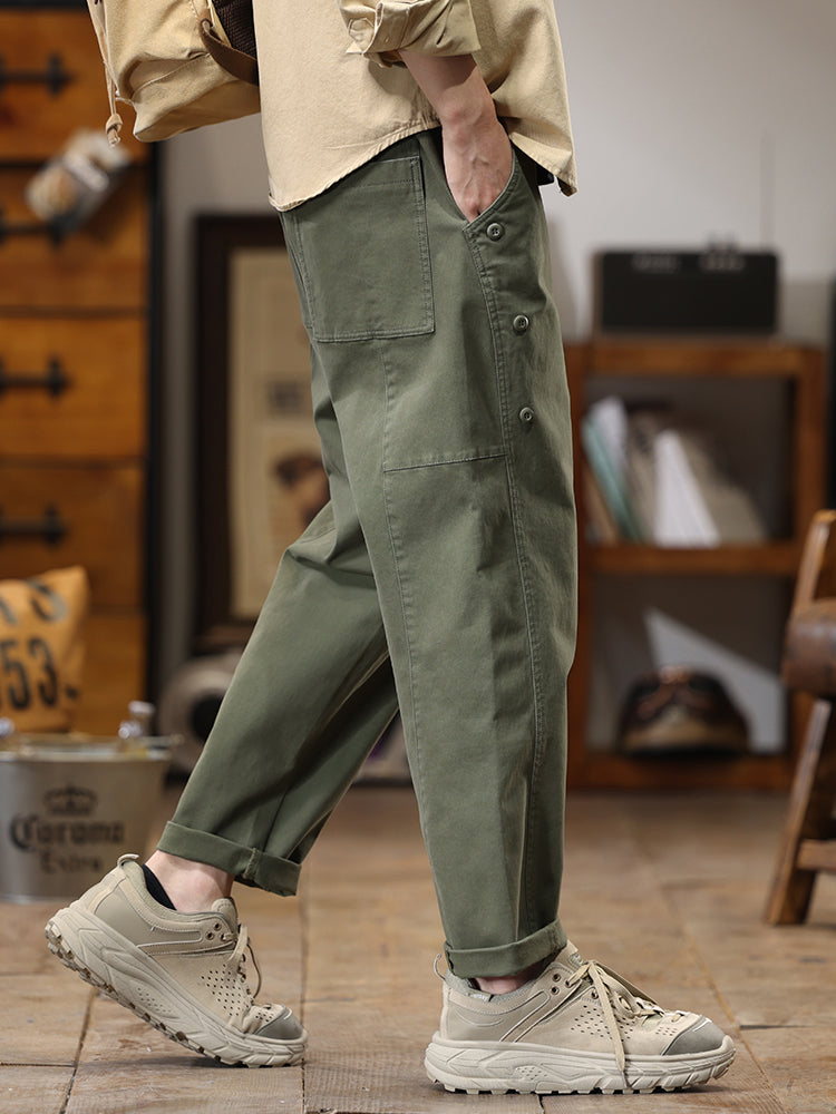 Pantaloni cargo da uomo a gamba dritta con bottoni laterali decorativi