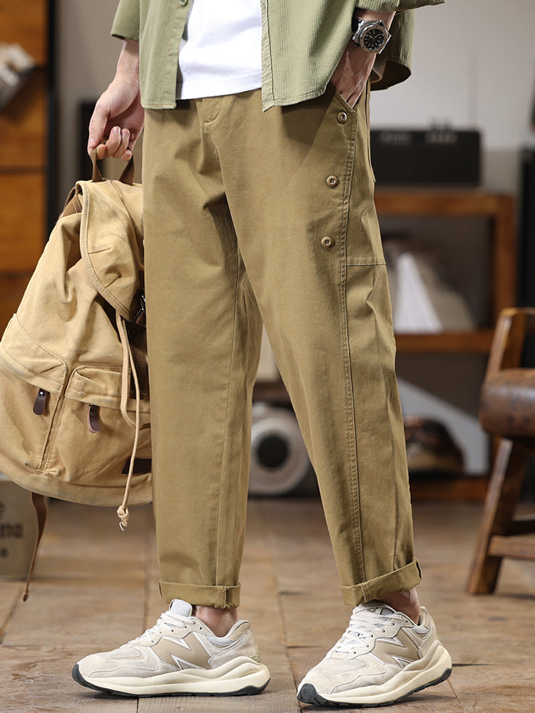 Pantaloni cargo da uomo a gamba dritta con bottoni laterali decorativi