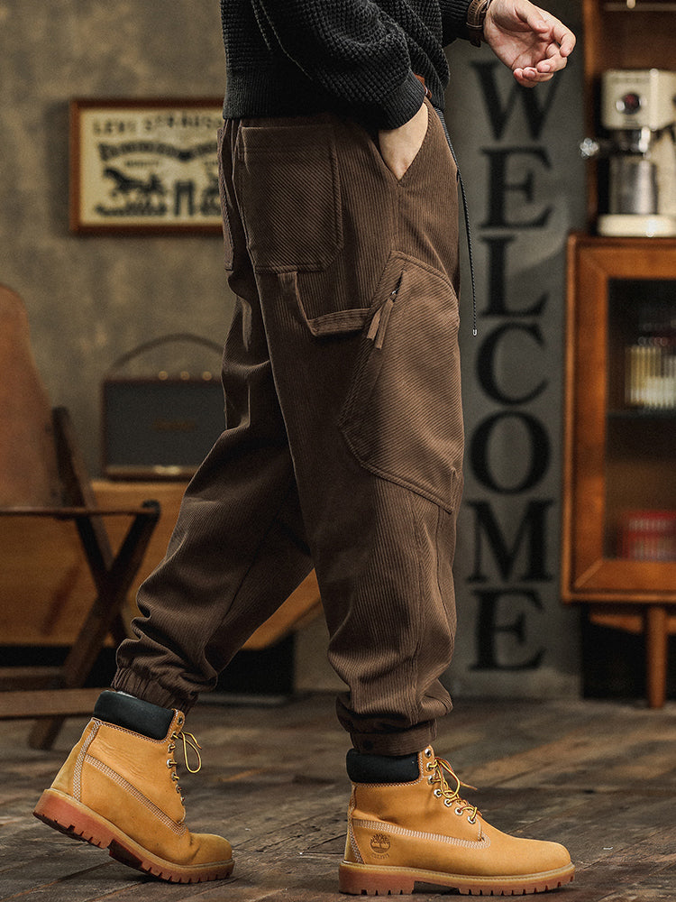Pantaloni cargo casual da uomo in velluto a coste con cinturino decorativo