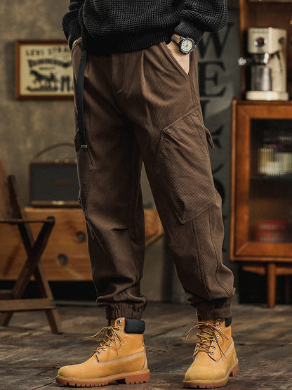 Pantaloni cargo casual da uomo in velluto a coste con cinturino decorativo