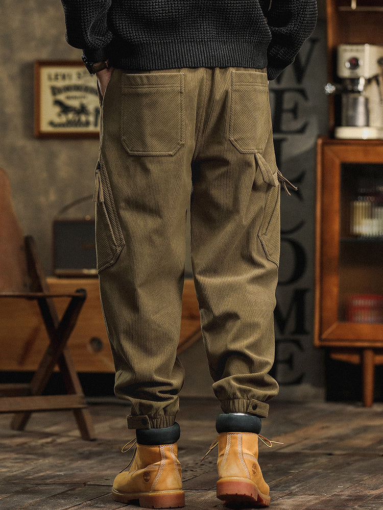 Pantaloni cargo casual da uomo in velluto a coste con cinturino decorativo