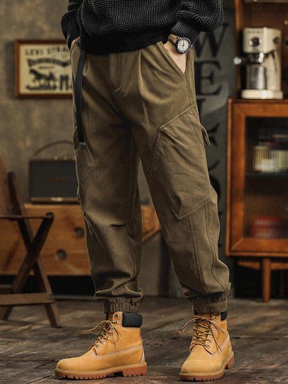 Pantaloni cargo casual da uomo in velluto a coste con cinturino decorativo
