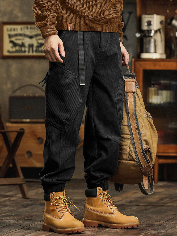 Pantaloni cargo casual da uomo in velluto a coste con cinturino decorativo