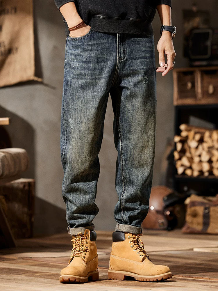 Pantalones vaqueros de hombre estilo retro con corte abullonado y múltiples bolsillos