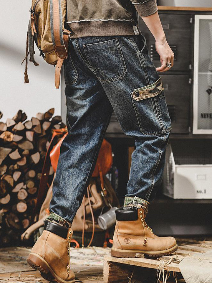 Vaqueros cargo vintage para hombre con bolsillos de camuflaje y corte holgado