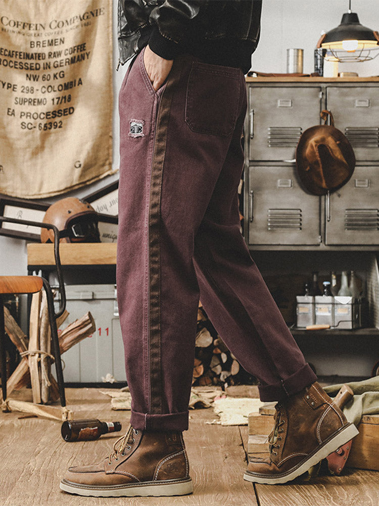 Pantalones casuales de estilo vintage para hombre, 100% algodón, con bandas laterales en contraste