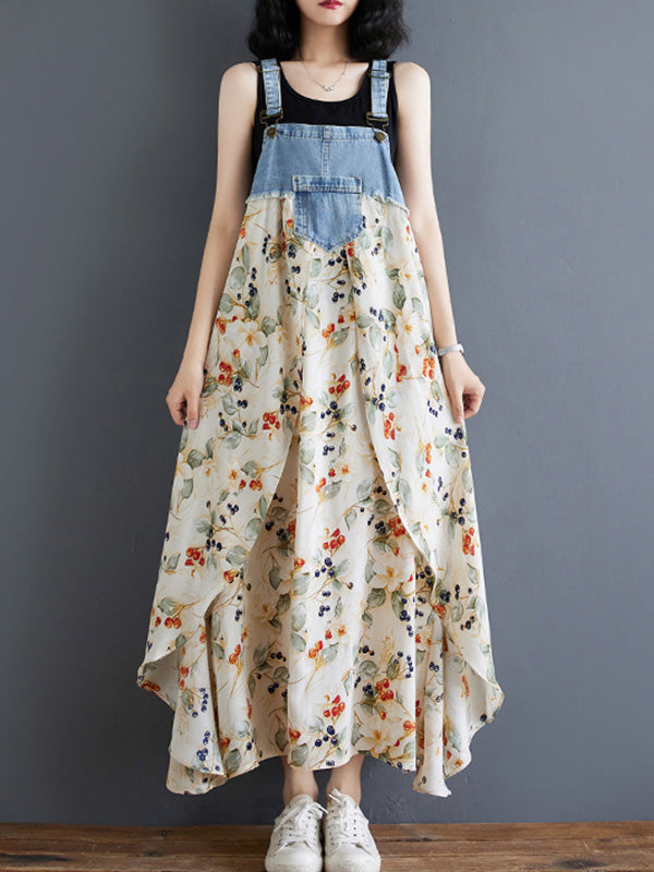 Vestido largo de mezclilla con estampado de acuarela y patchwork