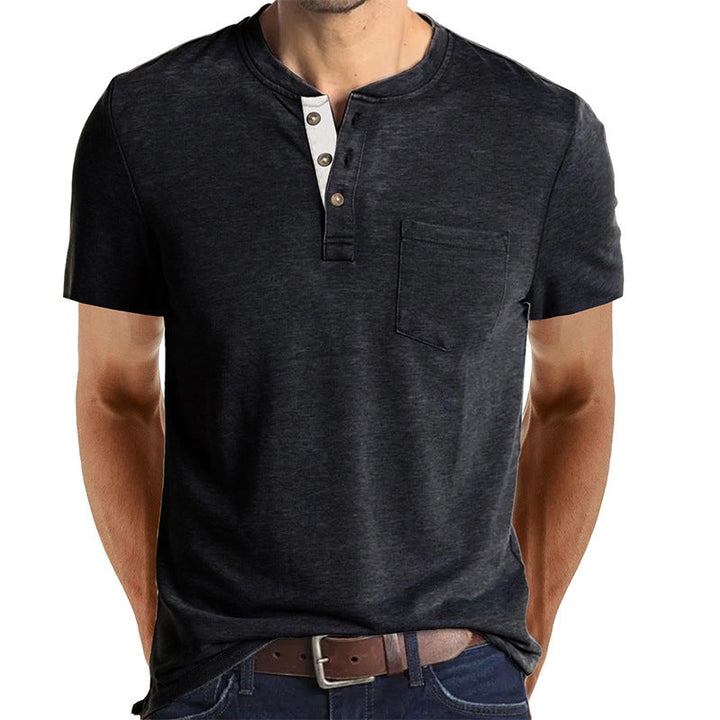 Camiseta Henley Casual de Manga Corta con Bolsillo para Hombre