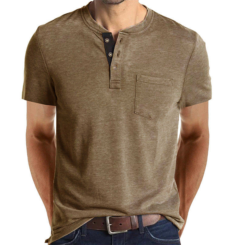 Camiseta Henley Casual de Manga Corta con Bolsillo para Hombre