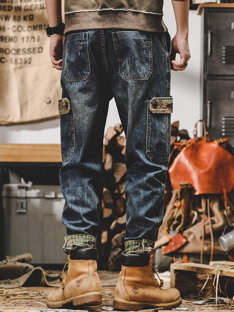 Vaqueros cargo vintage para hombre con bolsillos de camuflaje y corte holgado