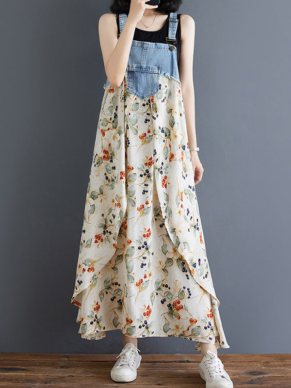 Vestido largo de mezclilla con estampado de acuarela y patchwork