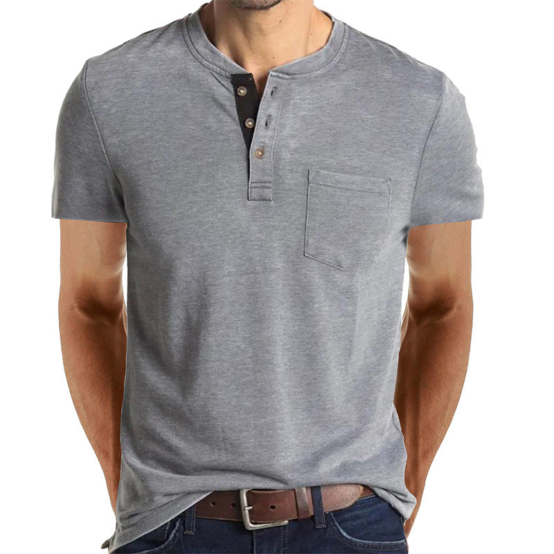 Camiseta Henley Casual de Manga Corta con Bolsillo para Hombre