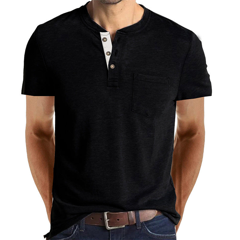 Camiseta Henley Casual de Manga Corta con Bolsillo para Hombre