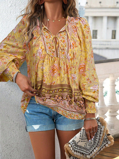 Boho Floral Print Tie-Neck Blouse