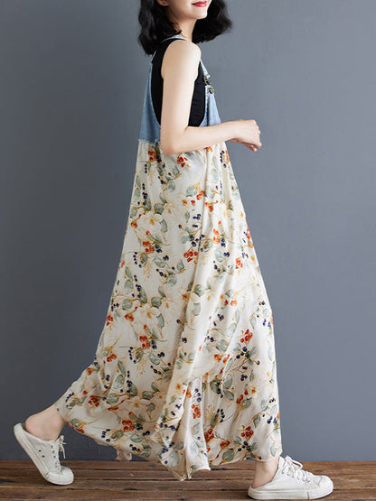 Abito salopette lungo in denim patchwork con stampa acquerello