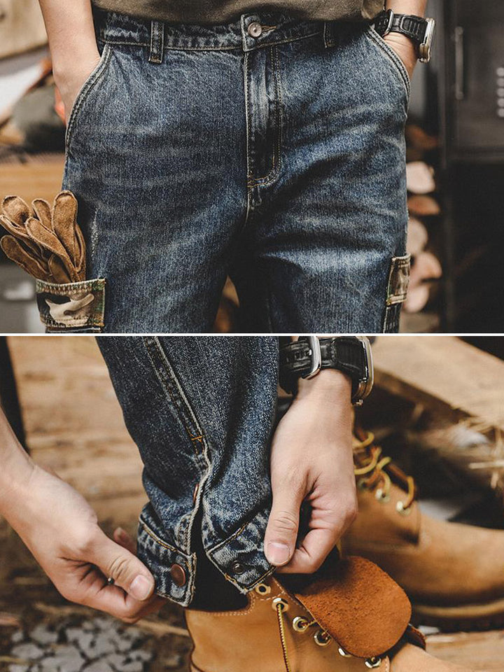 Vaqueros cargo vintage para hombre con bolsillos de camuflaje y corte holgado