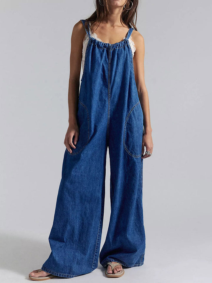 Lightweight Denim Wide-Leg Jumpsuit with Tie-Back Straps